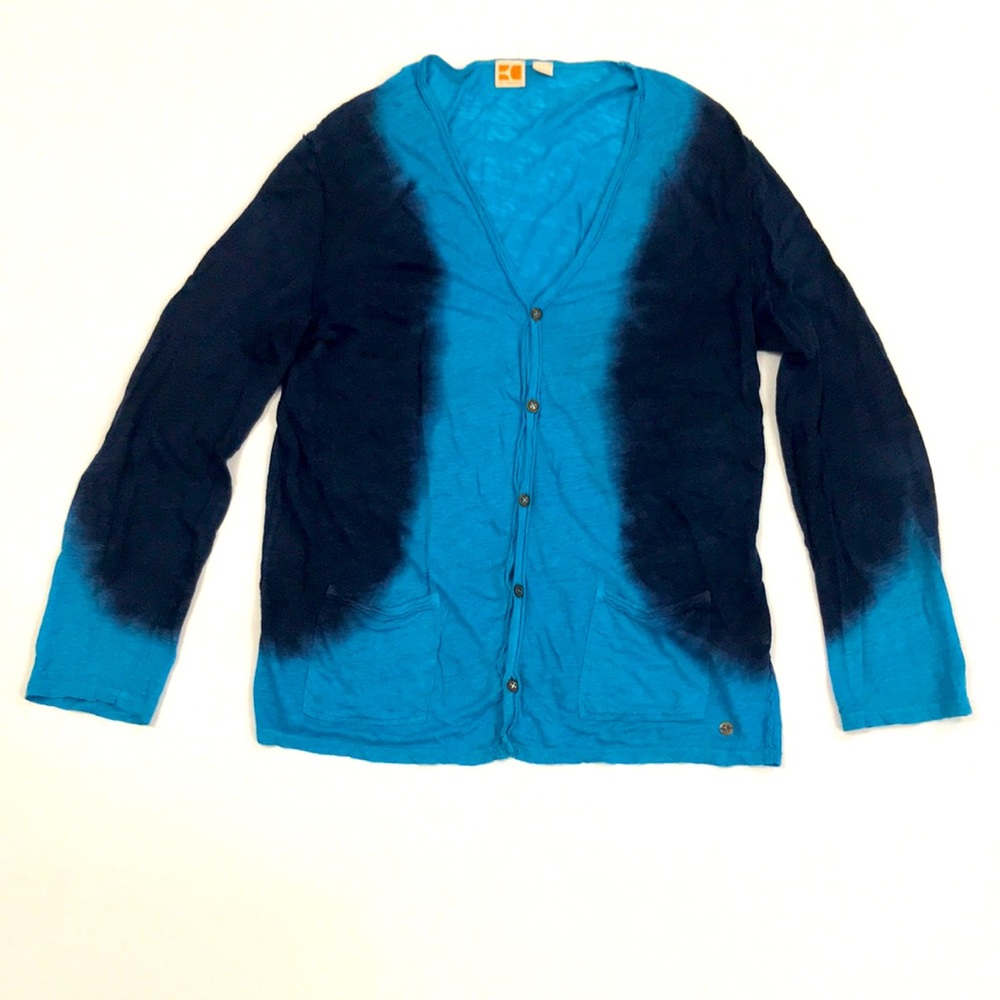 Boss L Tie-Dye Blue Cardigan Turquoise Navy Pockets Linen Excellent Condition